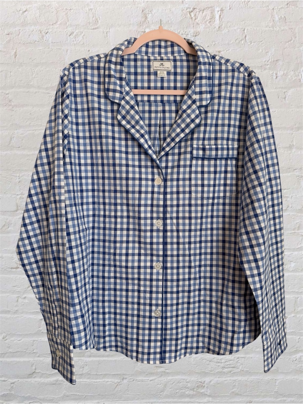 Petite Plume Womens XL Blue Gingham Cotton Pajama Top Long Sleeve Button Down